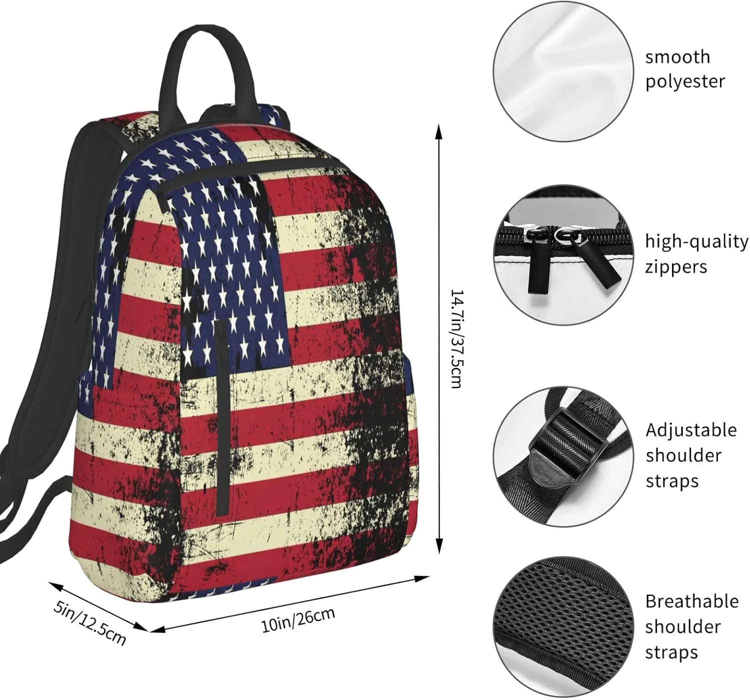 Vintage American Flag Casual Backpacks Laptop Backpack Outdoor Travel Rucksack Sport Carry-On Daypack Lightweight Bag with Multi-Pockets