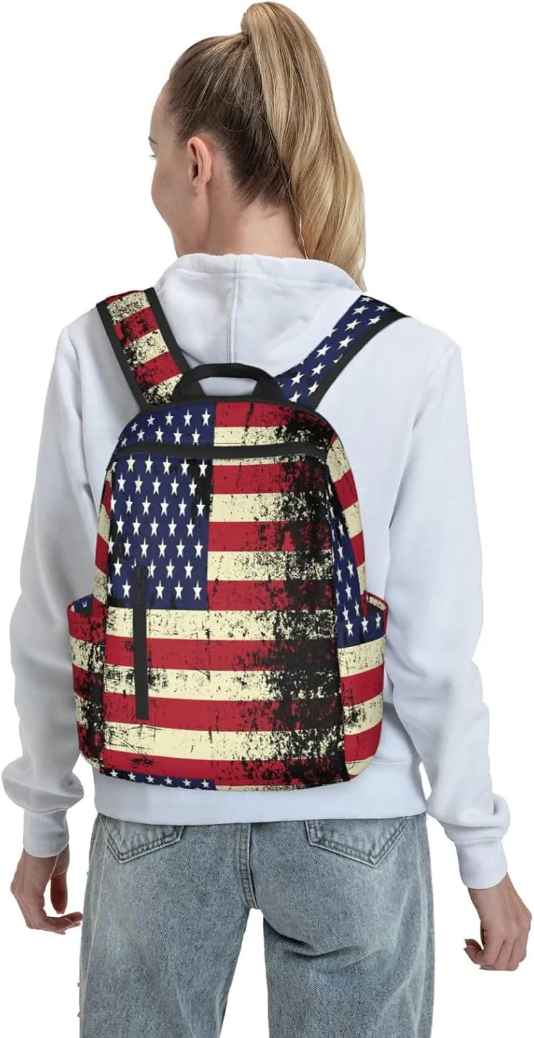 Vintage American Flag Casual Backpacks Laptop Backpack Outdoor Travel Rucksack Sport Carry-On Daypack Lightweight Bag with Multi-Pockets