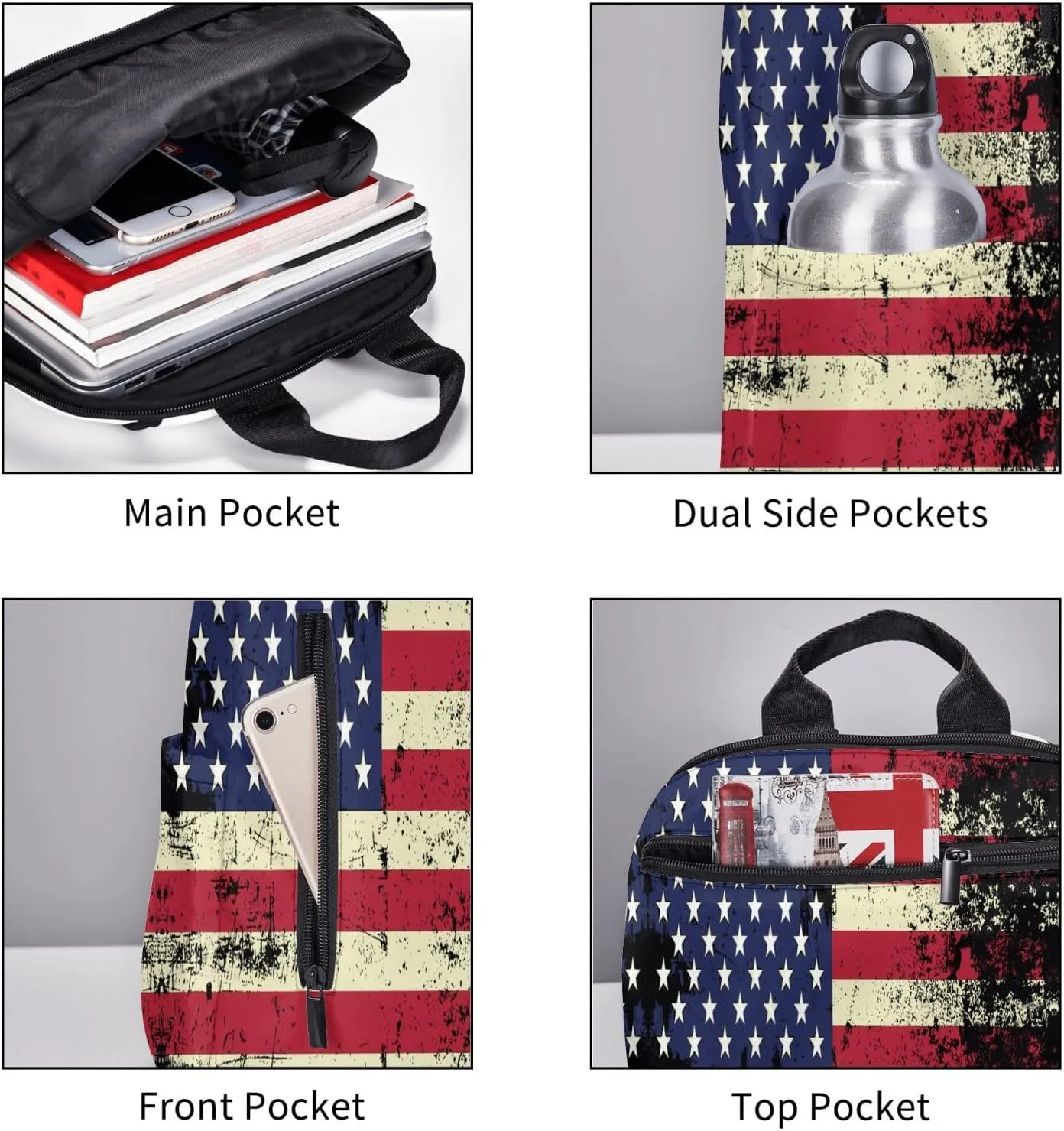 Vintage American Flag Casual Backpacks Laptop Backpack Outdoor Travel Rucksack Sport Carry-On Daypack Lightweight Bag with Multi-Pockets