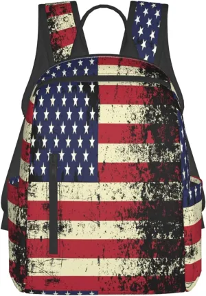 Vintage American Flag Casual Backpacks Laptop Backpack Outdoor Travel Rucksack Sport Carry-On Daypack Lightweight Bag with Multi-Pockets