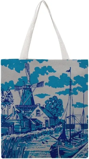 Vintage Blue Nederland Dutch Windmill Delft Canvas Tote Bag for Women Girl Canvas Shoulder Handbags Cute Large Purse