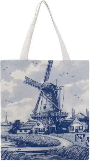 Vintage Blue Nederland Dutch Windmill Delft Canvas Tote Bag for Women Girl Canvas Shoulder Handbags Cute Large Purse
