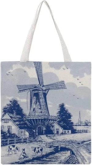 Vintage Blue Nederland Dutch Windmill Delft Canvas Tote Bag for Women Girl Canvas Shoulder Handbags Cute Large Purse