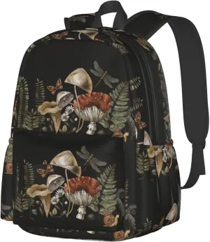 Vintage Botanical Mushroom Fern Forest Plants Woodland Treasures Amanita Laptop Commuter Backpack Shoulder Bag Casual Back Pack Daypack Bags With Side Pockets For Work Travel Daily Use