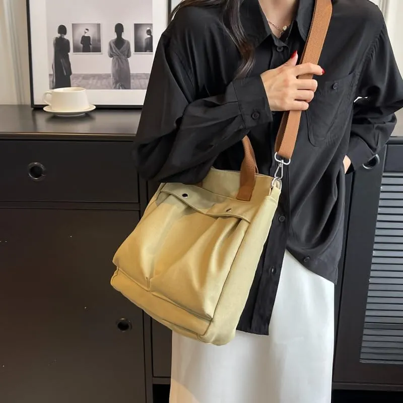 Vintage Canvas Messenger Bag for Women Travel Satchel Shoulder Bag Emo Acubi Laptop Bag Cyber Punk Purse (Beige)