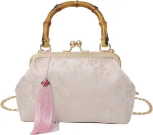 Vintage Embroidered Flower Handbag, Flower Embroidery Rustic Shoulder Bag, Kiss Lock Closure Bag for Women