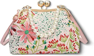 Vintage Embroidered Flower Handbag, Rustic Shoulder Bag with Pearl Kiss Lock Closure & Removable Strap for Women