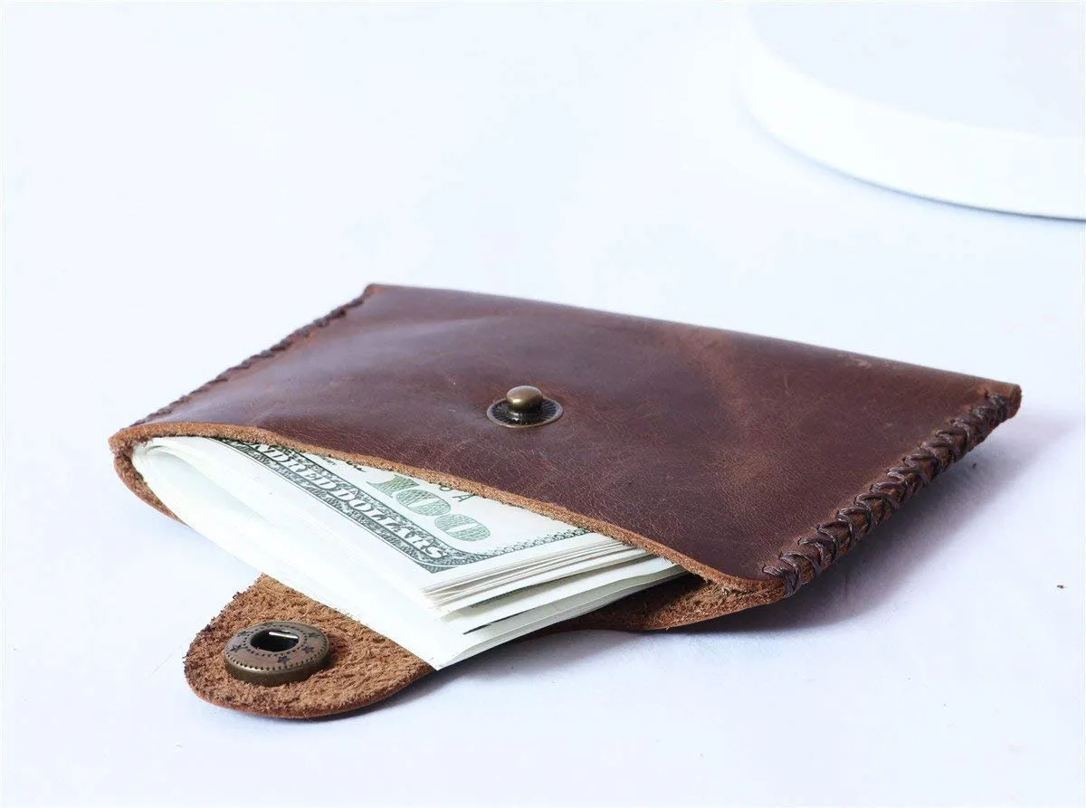 Vintage Leather Wallet - Slim Front Pocket Credit Card Holder, Hand-Stitched Genuine Cowhide Wallet for Men & Women, Holds 4-8 Cards   Cash (Dark brown stitching, Small Flap Wallet)