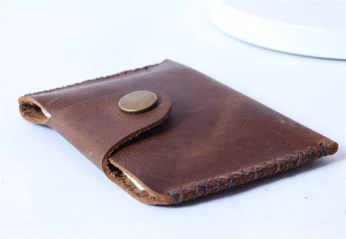 Vintage Leather Wallet - Slim Front Pocket Credit Card Holder, Hand-Stitched Genuine Cowhide Wallet for Men & Women, Holds 4-8 Cards   Cash (Dark brown stitching, Small Flap Wallet)