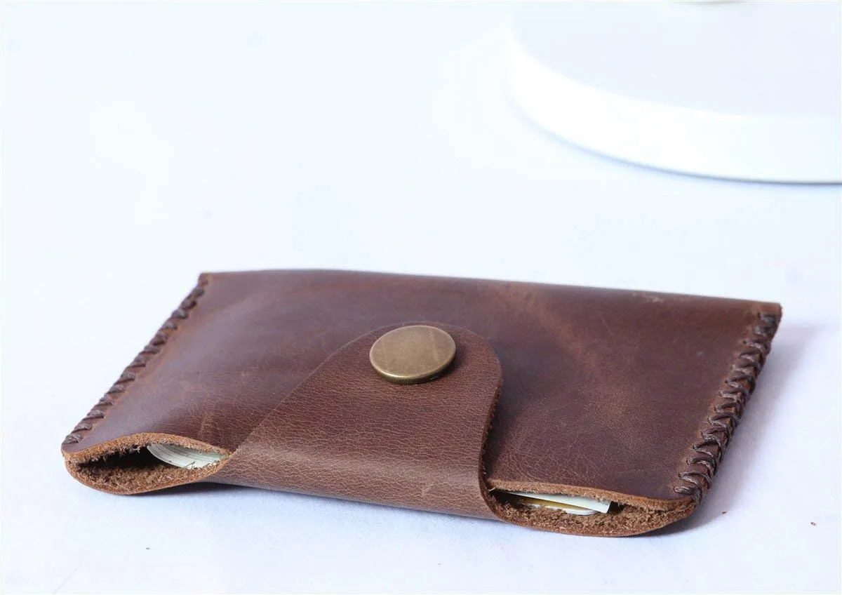 Vintage Leather Wallet - Slim Front Pocket Credit Card Holder, Hand-Stitched Genuine Cowhide Wallet for Men & Women, Holds 4-8 Cards   Cash (Dark brown stitching, Small Flap Wallet)