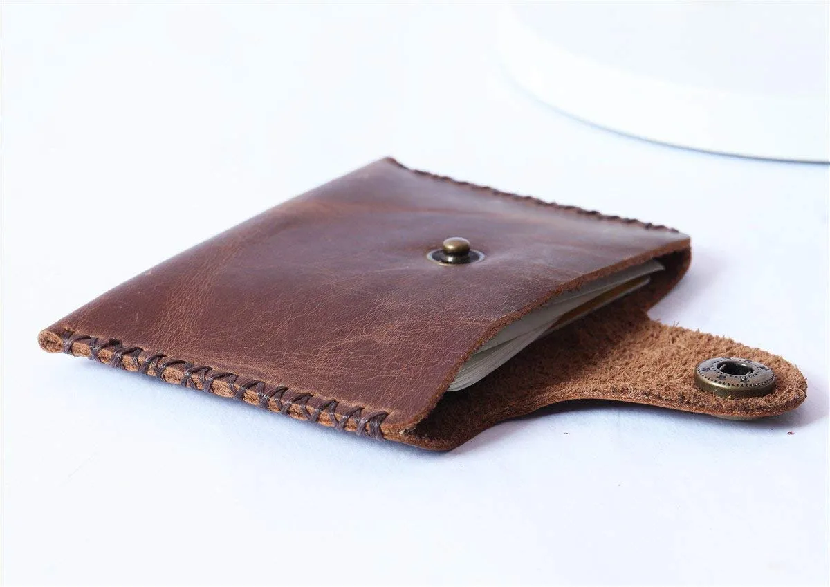 Vintage Leather Wallet - Slim Front Pocket Credit Card Holder, Hand-Stitched Genuine Cowhide Wallet for Men & Women, Holds 4-8 Cards   Cash (Dark brown stitching, Small Flap Wallet)