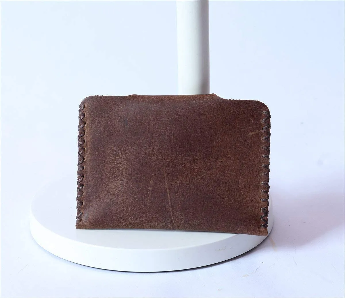 Vintage Leather Wallet - Slim Front Pocket Credit Card Holder, Hand-Stitched Genuine Cowhide Wallet for Men & Women, Holds 4-8 Cards   Cash (Dark brown stitching, Small Flap Wallet)