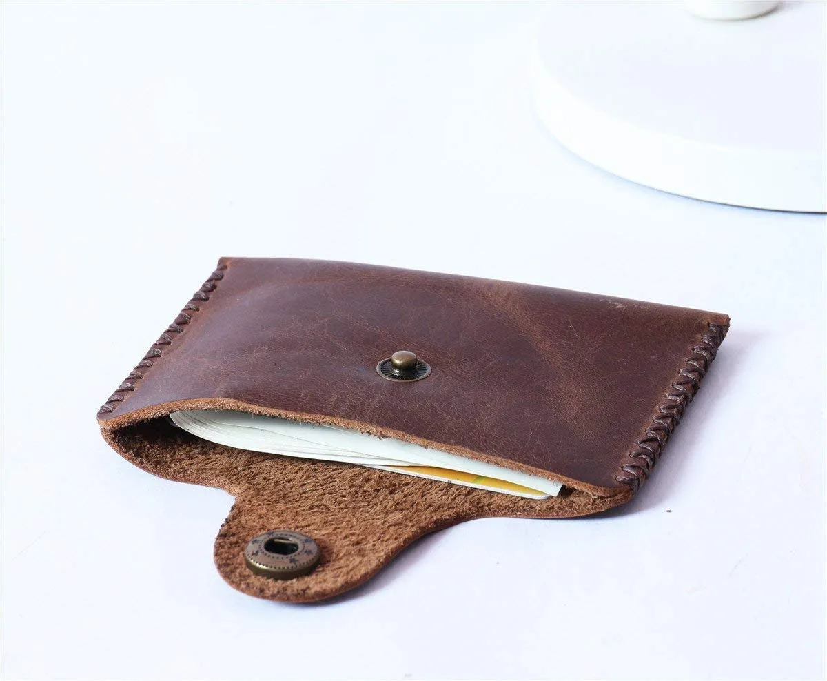 Vintage Leather Wallet - Slim Front Pocket Credit Card Holder, Hand-Stitched Genuine Cowhide Wallet for Men & Women, Holds 4-8 Cards   Cash (Dark brown stitching, Small Flap Wallet)