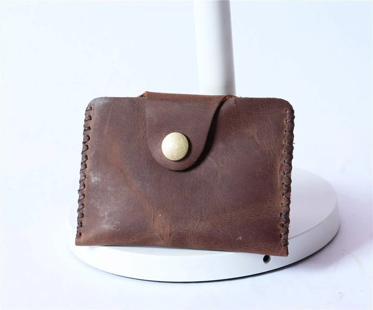 Vintage Leather Wallet - Slim Front Pocket Credit Card Holder, Hand-Stitched Genuine Cowhide Wallet for Men & Women, Holds 4-8 Cards   Cash (Dark brown stitching, Small Flap Wallet)
