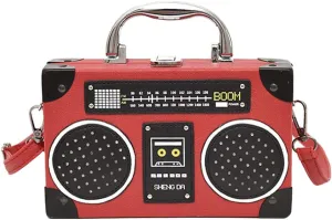 Vintage Radio Recorder Clutch Handbag Leather Top Metal Handle Crossbody Small Box Bag Shoulder Bag