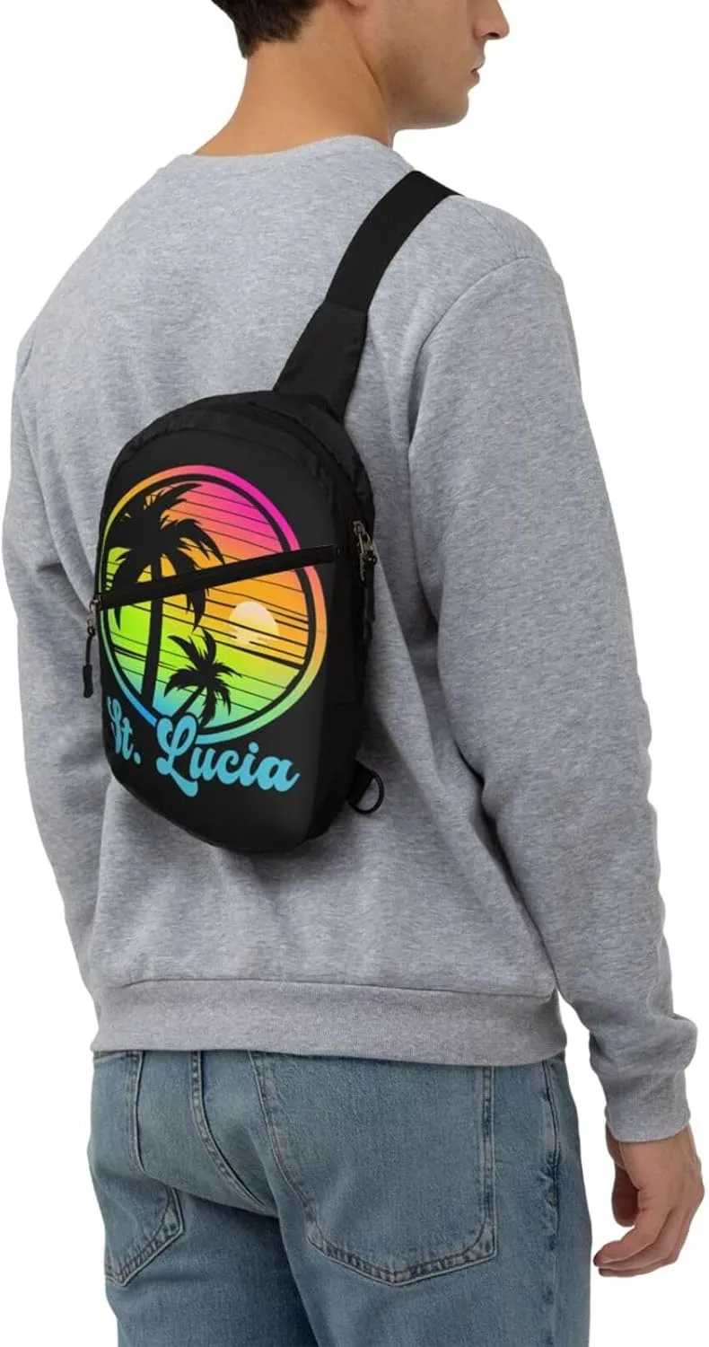 Vintage Saint Lucian Lucia Sunset Tropical Beach 80s Crossbody Bag Portable Sling Bags Foldable Chest Daypack Reusable Sports Shoulder Backpack Diagonally Casual Rucksack Travel Bag