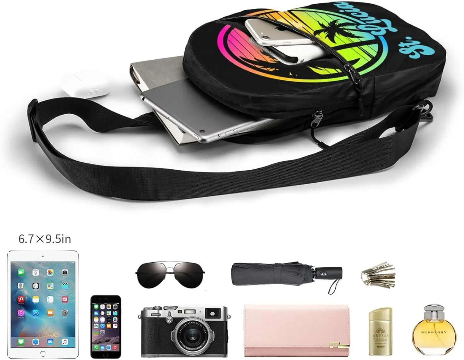 Vintage Saint Lucian Lucia Sunset Tropical Beach 80s Crossbody Bag Portable Sling Bags Foldable Chest Daypack Reusable Sports Shoulder Backpack Diagonally Casual Rucksack Travel Bag