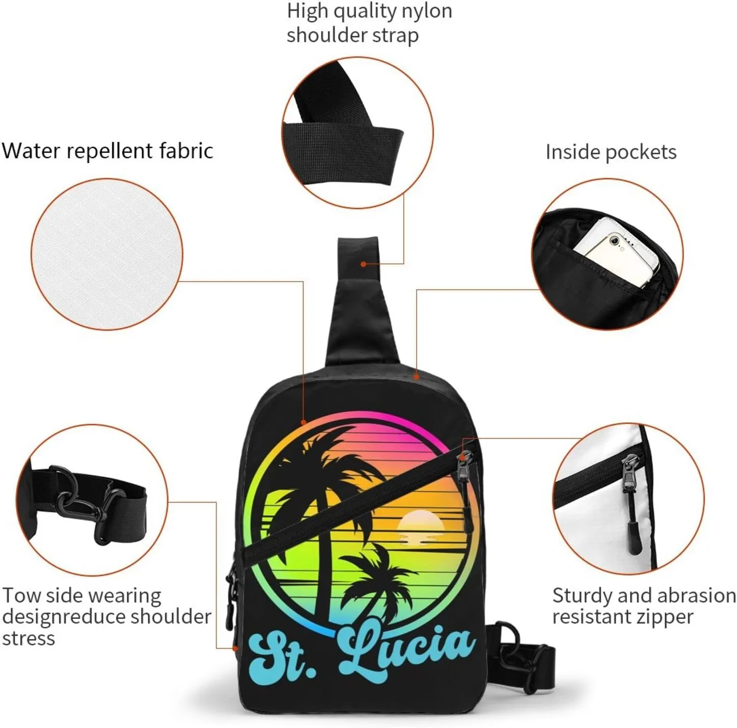 Vintage Saint Lucian Lucia Sunset Tropical Beach 80s Crossbody Bag Portable Sling Bags Foldable Chest Daypack Reusable Sports Shoulder Backpack Diagonally Casual Rucksack Travel Bag