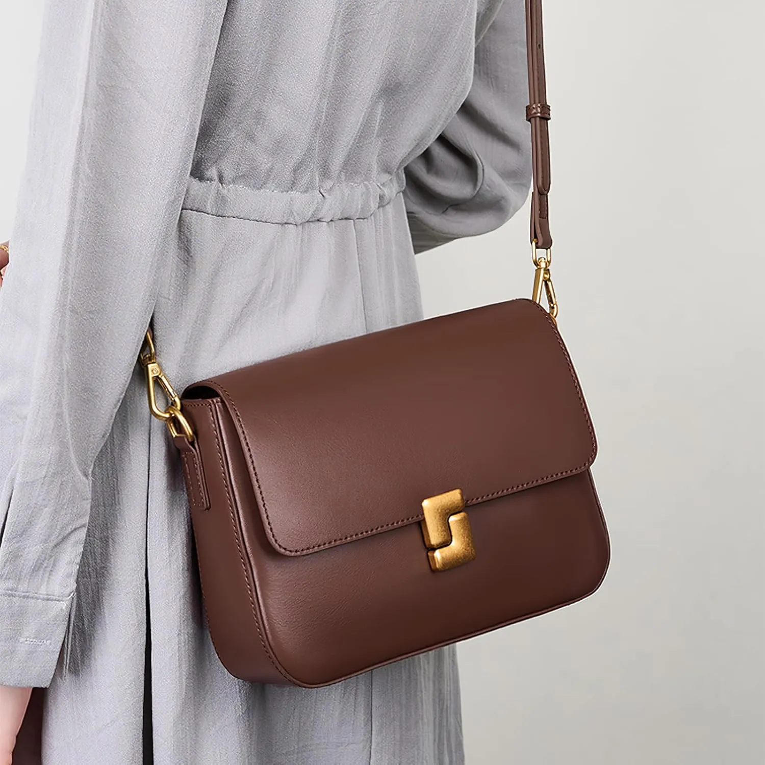 Vintage Shoulder Bag for Women – Genuine Leather Crossbody Purse with Lock, Medium Top Handle Underarm Bag