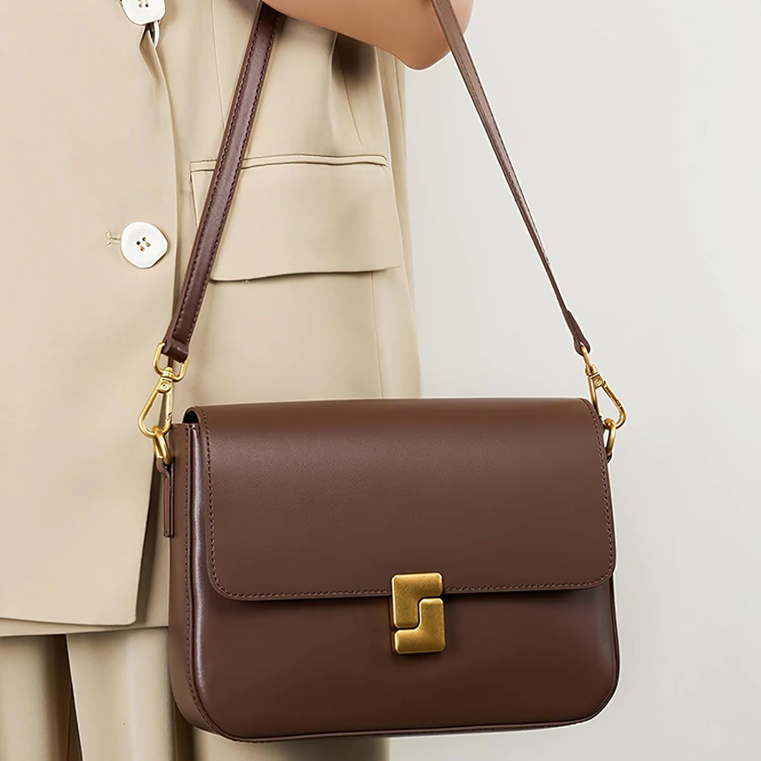 Vintage Shoulder Bag for Women – Genuine Leather Crossbody Purse with Lock, Medium Top Handle Underarm Bag