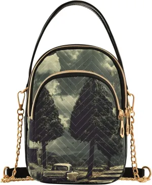 Vintage Street Car Tree Sling Bag for Women, Small Shoulder Bag Crossbody Bag Purse with Chain Strap Top handle 5.91×3.15×8.27 Inches