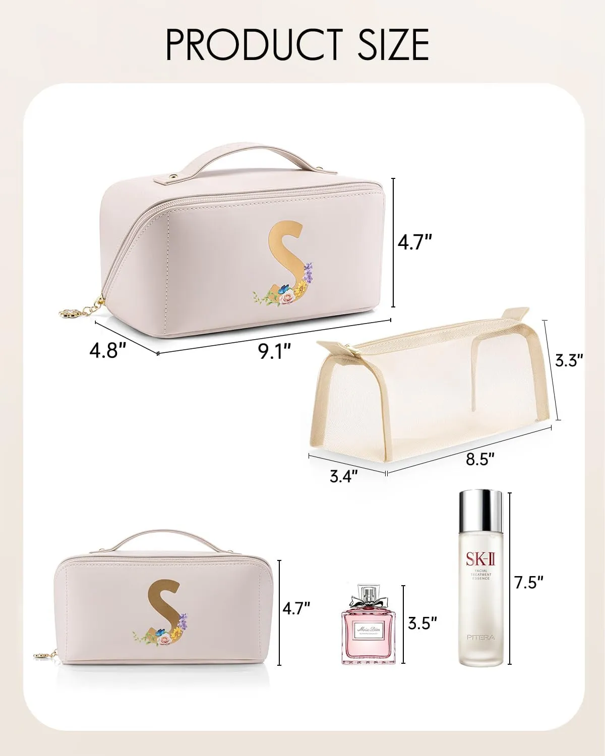 Vlando Bridesmaid Gifts for Wedding Day,Makeup Travel Bag, Gift Ideas for Women,Traveler,Maid Of Honor Personalized Bachelorette Party Gifts Birthday Gifts for Women Female(Letter S)