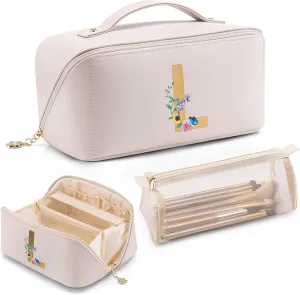 Vlando Mothers Day Ideas Gifts,Personalized Makeup Bags,Open Flat Makeup Organizer Bag,Gift Ideas for Mom Girlfriend Wife Bridesmaid Teen Girl (Letter L)
