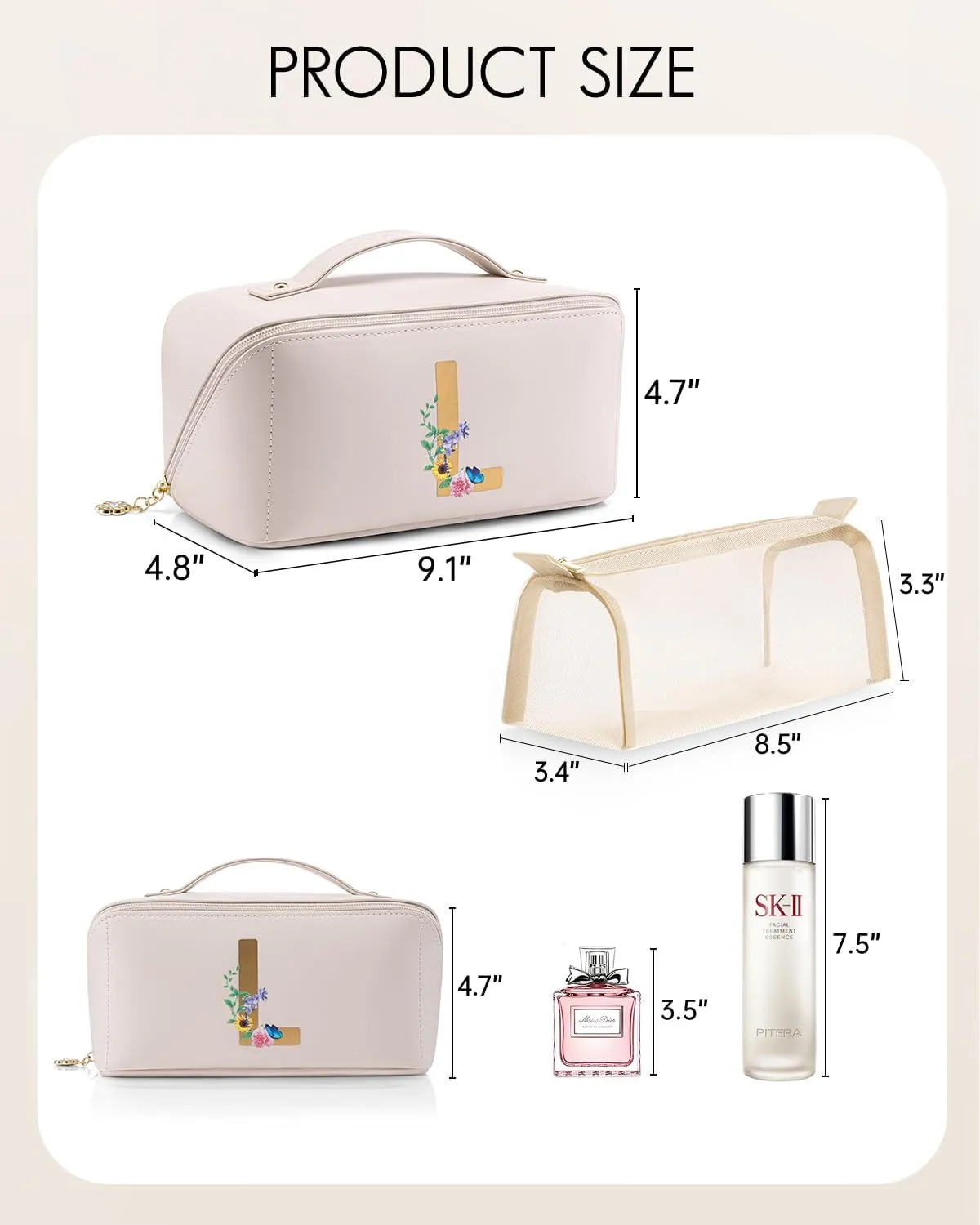 Vlando Mothers Day Ideas Gifts,Personalized Makeup Bags,Open Flat Makeup Organizer Bag,Gift Ideas for Mom Girlfriend Wife Bridesmaid Teen Girl (Letter L)
