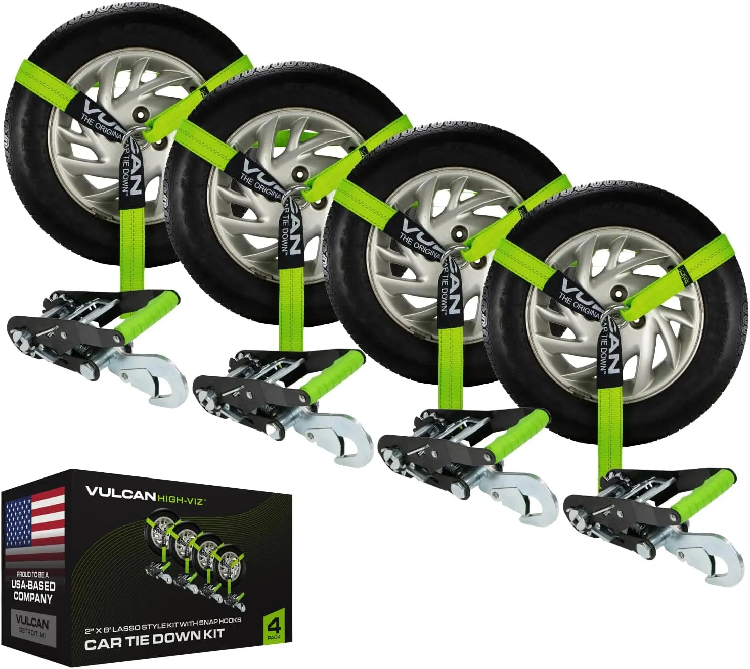 VULCAN Car Tie Down with Snap Hooks - Lasso Style - 2 Inch x 96 Inch - 4 Pack - High-Viz - 3,300 Pound Safe Working Load