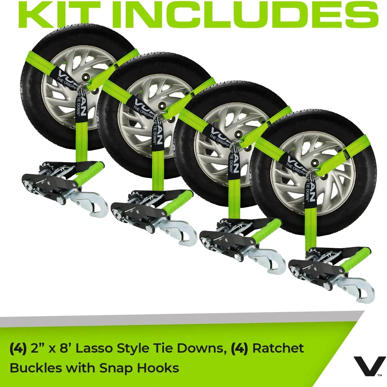 VULCAN Car Tie Down with Snap Hooks - Lasso Style - 2 Inch x 96 Inch - 4 Pack - High-Viz - 3,300 Pound Safe Working Load