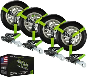 VULCAN Car Tie Down with Snap Hooks - Lasso Style - 2 Inch x 96 Inch - 4 Pack - High-Viz - 3,300 Pound Safe Working Load