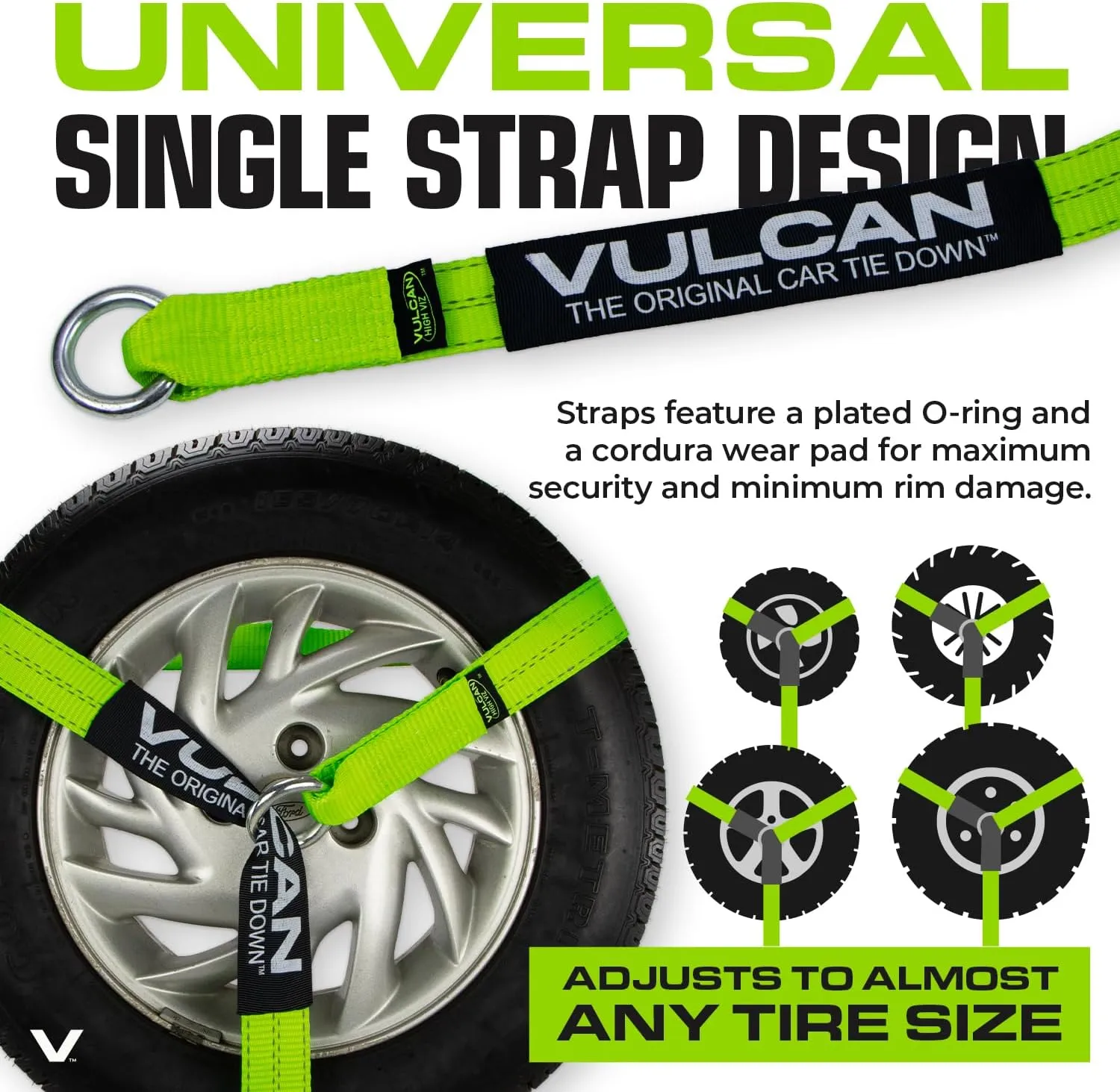 VULCAN Car Tie Down with Snap Hooks - Lasso Style - 2 Inch x 96 Inch - 4 Pack - High-Viz - 3,300 Pound Safe Working Load
