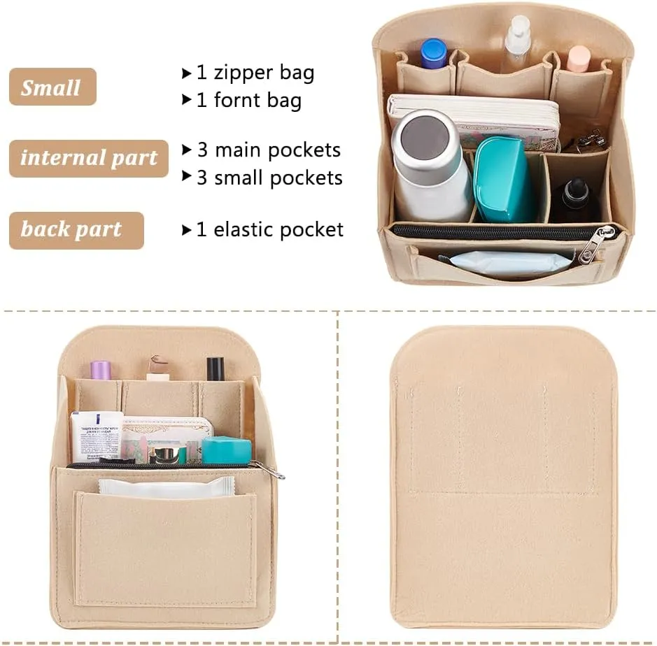 WADORN Felt Backpack Organizer Insert, Multi-Pocket Rucksack Interior Shaper Multifunctional Bag in Bag Travel Insert with Zipper, 7.6x4.7x10.4 Inch, Khaki