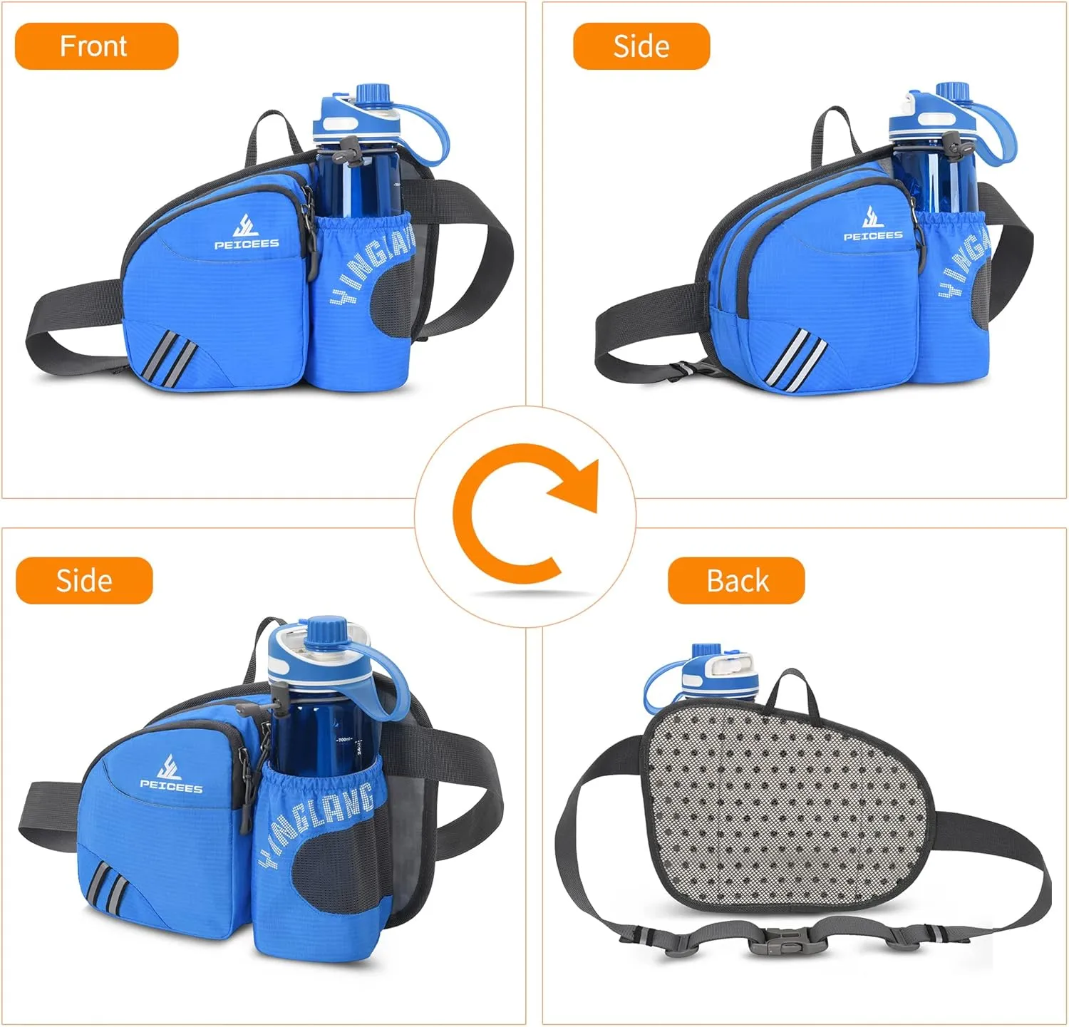 Waist Bag Fanny Pack with Water Bottle Holder for Men Women Hiking Running Dog Walking Fit All Phones (Bottle Not Included), Blue
