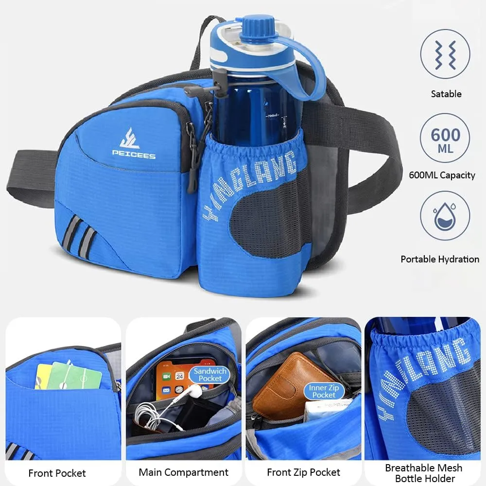 Waist Bag Fanny Pack with Water Bottle Holder for Men Women Hiking Running Dog Walking Fit All Phones (Bottle Not Included), Blue