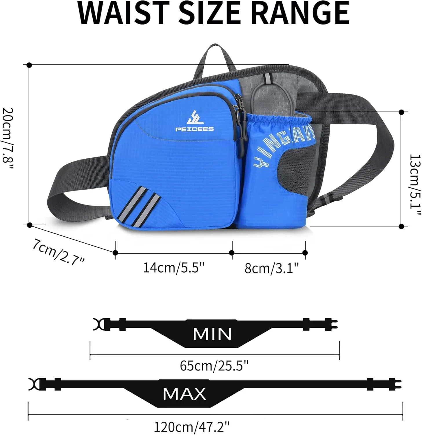 Waist Bag Fanny Pack with Water Bottle Holder for Men Women Hiking Running Dog Walking Fit All Phones (Bottle Not Included), Blue