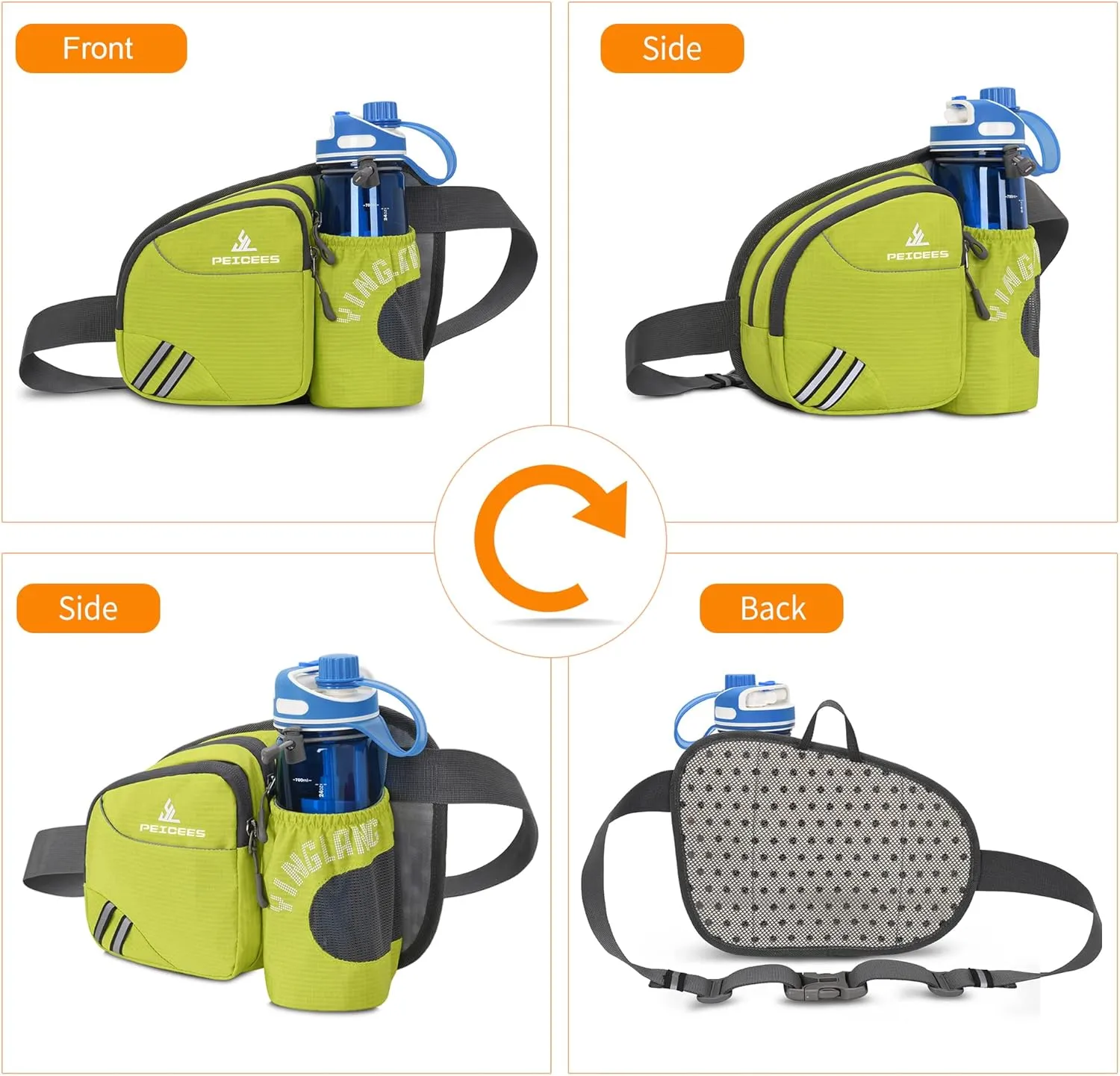 Waist Bag Fanny Pack with Water Bottle Holder for Men Women Hiking Running Dog Walking Fit All Phones (Bottle Not Included), Green