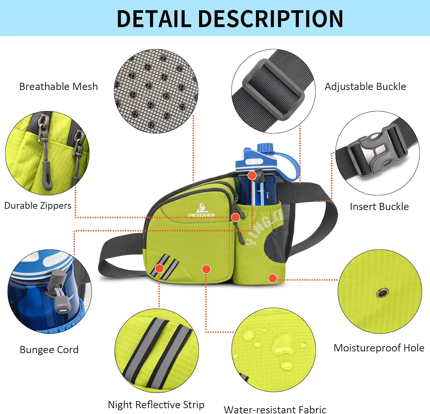 Waist Bag Fanny Pack with Water Bottle Holder for Men Women Hiking Running Dog Walking Fit All Phones (Bottle Not Included), Green