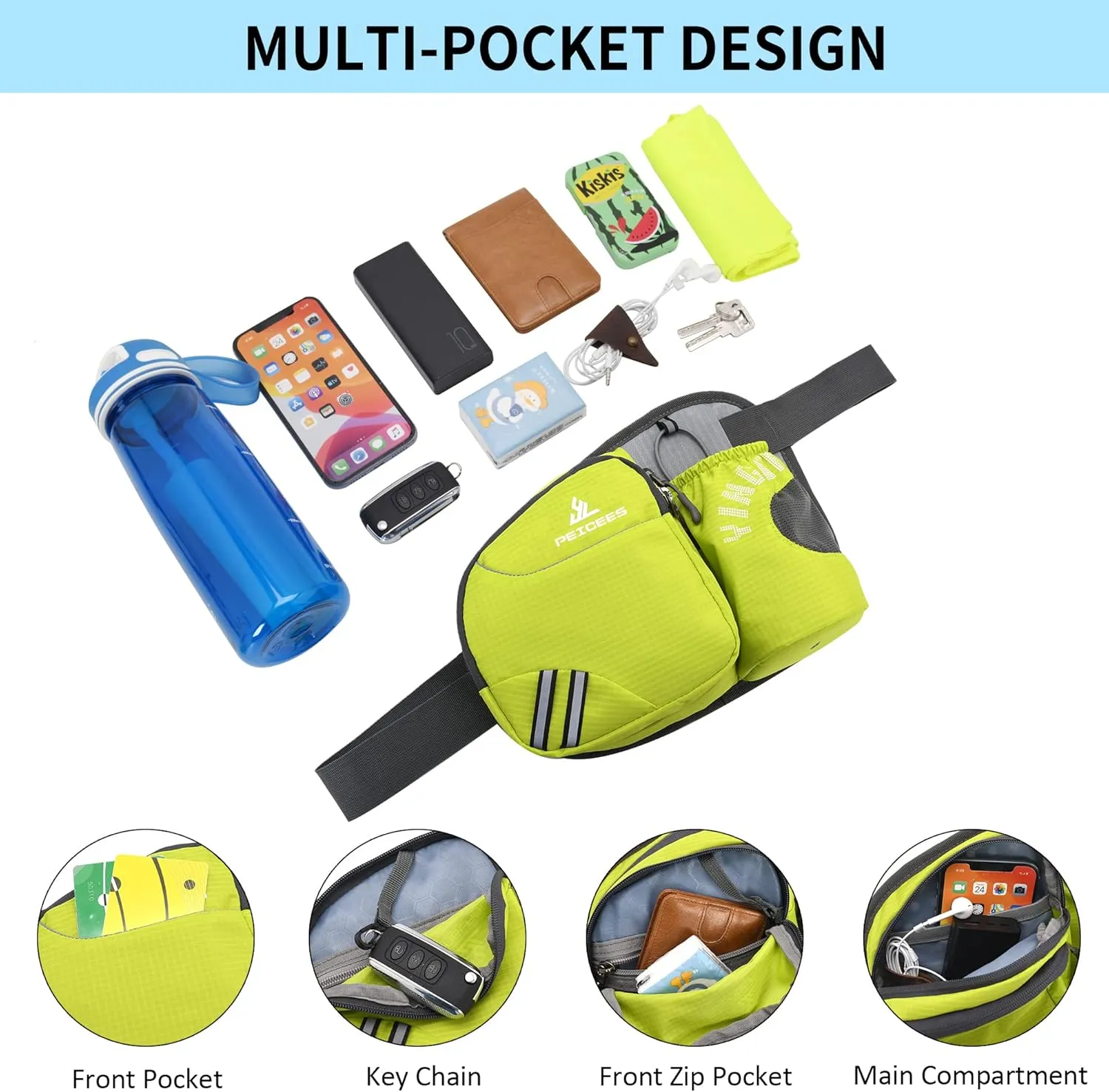 Waist Bag Fanny Pack with Water Bottle Holder for Men Women Hiking Running Dog Walking Fit All Phones (Bottle Not Included), Green