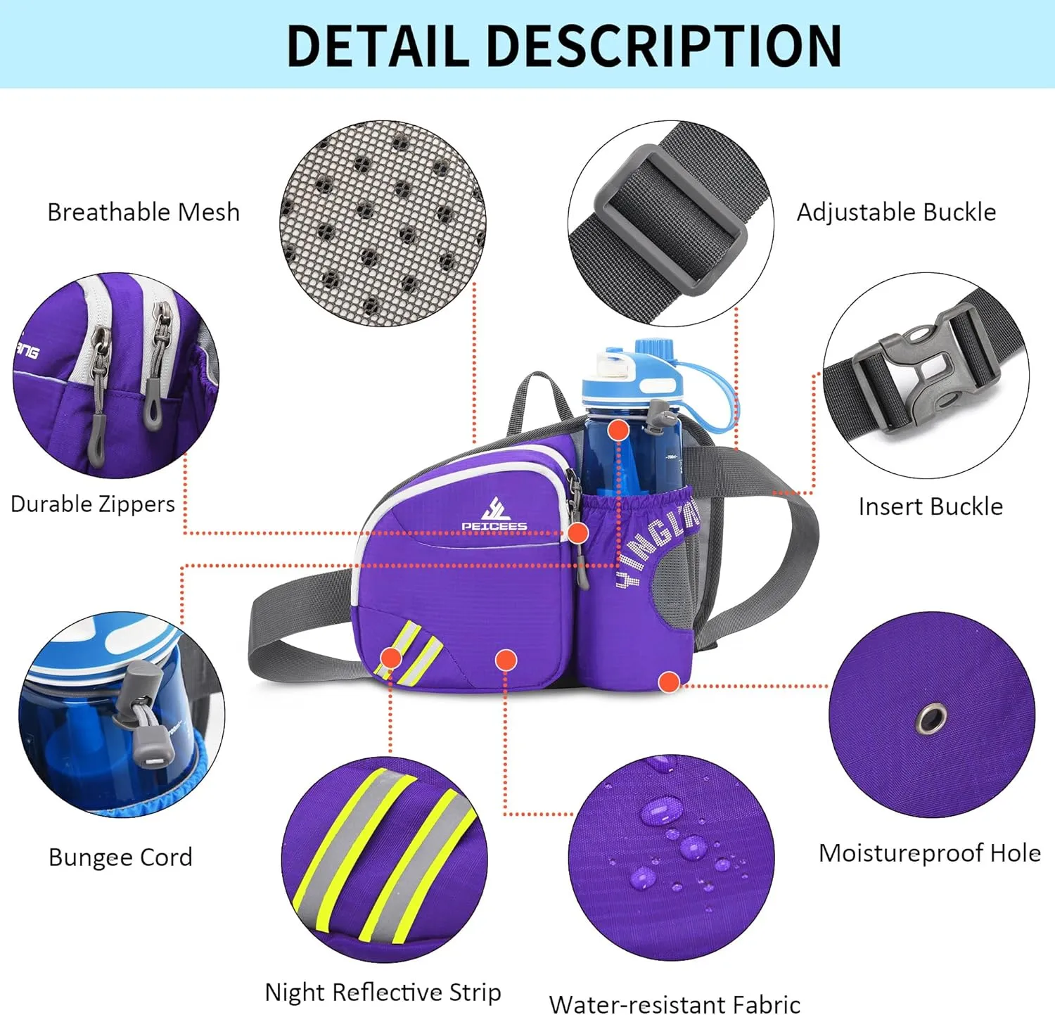 Waist Bag Fanny Pack with Water Bottle Holder for Men Women Hiking Running Dog Walking Fit All Phones (Bottle Not Included), Z-Purple