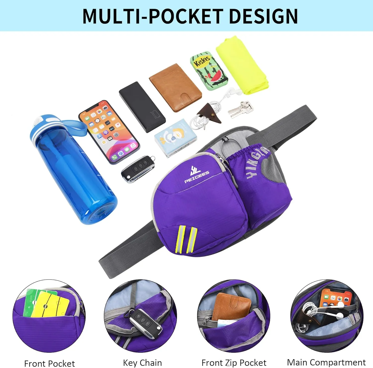 Waist Bag Fanny Pack with Water Bottle Holder for Men Women Hiking Running Dog Walking Fit All Phones (Bottle Not Included), Z-Purple