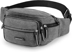 Waist Bag for Men Women, Waterproof Lightweight Travel Fanny Pack, Adjustable Belt Bag with 6 Pockets for Hiking, Running, Cycling (grey)