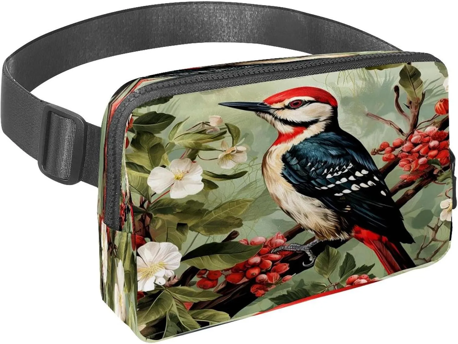 Waist Pack for Women Men, Outdoor Waist Bag Fanny Pack, Slim Running Belt Bum Bag for Walking Jogging Hiking Traveling Workout - Woodpecker Bird on Red Berries Branch