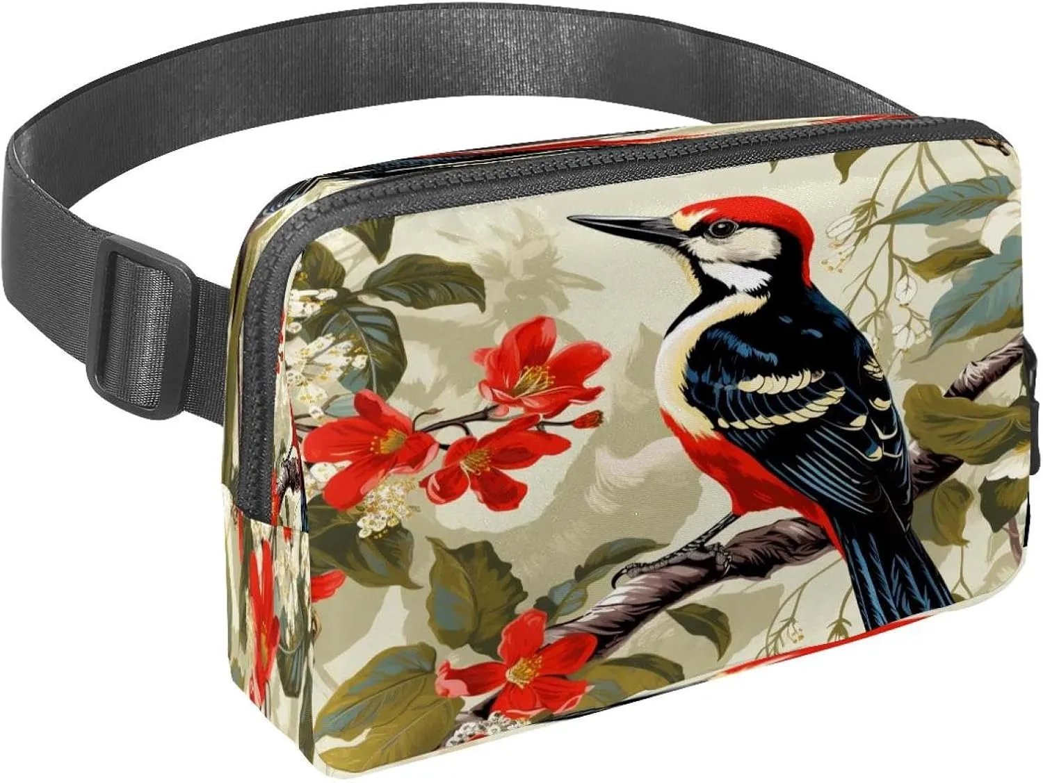 Waist Pack for Women Men, Outdoor Waist Bag Fanny Pack, Slim Running Belt Bum Bag for Walking Jogging Hiking Traveling Workout - Woodpecker Bird on Red Berries Branch