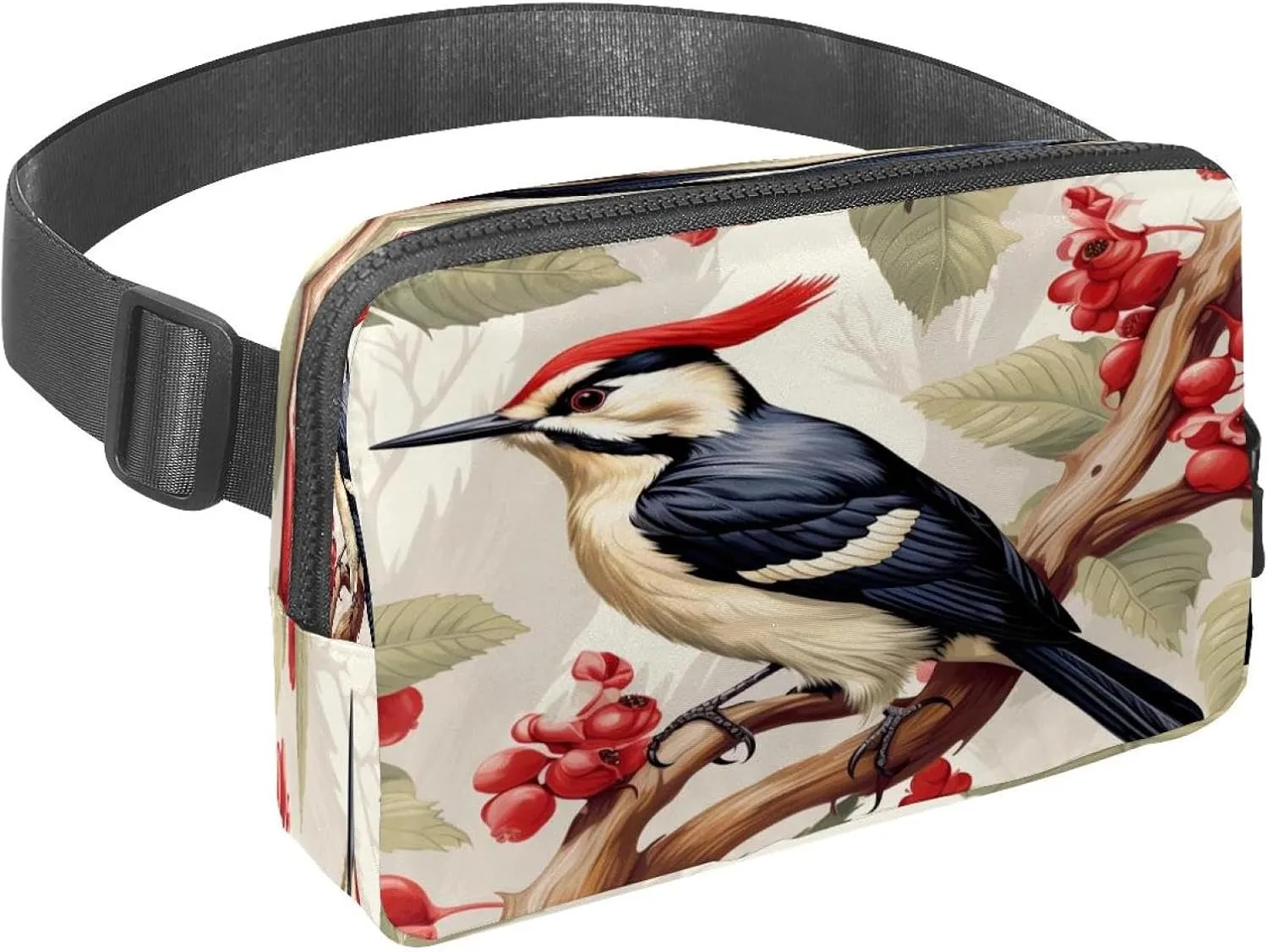 Waist Pack for Women Men, Outdoor Waist Bag Fanny Pack, Slim Running Belt Bum Bag for Walking Jogging Hiking Traveling Workout - Woodpecker Bird on Red Berries Branch