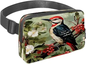 Waist Pack for Women Men, Outdoor Waist Bag Fanny Pack, Slim Running Belt Bum Bag for Walking Jogging Hiking Traveling Workout - Woodpecker Bird on Red Berries Branch