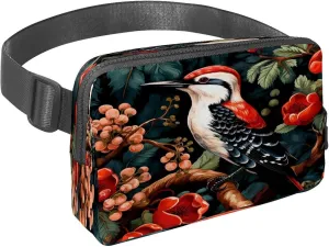 Waist Pack for Women Men, Outdoor Waist Bag Fanny Pack, Slim Running Belt Bum Bag for Walking Jogging Hiking Traveling Workout - Woodpecker Bird on Red Berries Branch