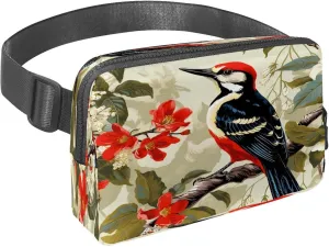 Waist Pack for Women Men, Outdoor Waist Bag Fanny Pack, Slim Running Belt Bum Bag for Walking Jogging Hiking Traveling Workout - Woodpecker Bird on Red Berries Branch