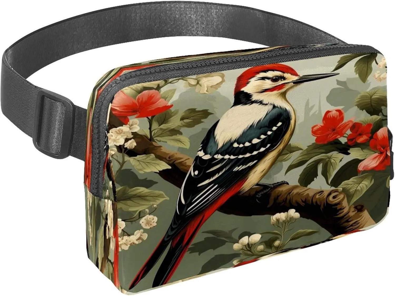 Waist Pack for Women Men, Outdoor Waist Bag Fanny Pack, Slim Running Belt Bum Bag for Walking Jogging Hiking Traveling Workout - Woodpecker Bird on Red Berries Branch