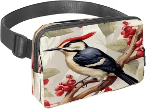 Waist Pack for Women Men, Outdoor Waist Bag Fanny Pack, Slim Running Belt Bum Bag for Walking Jogging Hiking Traveling Workout - Woodpecker Bird on Red Berries Branch